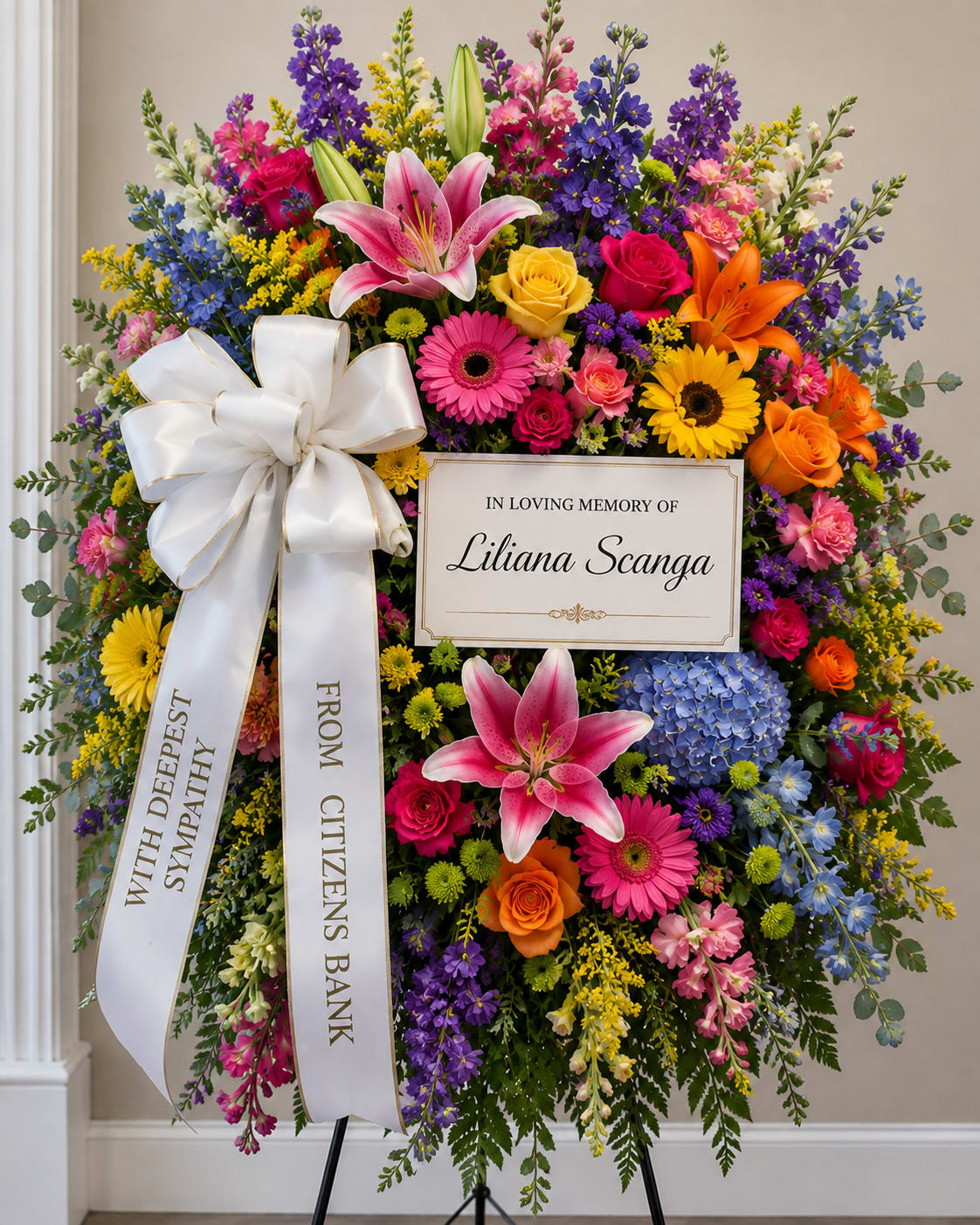 Eternal Sunshine Sympathy Spray - A lush standing sympathy spray that honors a life with joyful color: this flower arrangement is designed as a funeral or memorial tribute to celebrate their spirit rather than only mourn the moment. The Eternal Sunshine Sympathy Spray is a standing easel display built for a graveside service or memorial ceremony-its vivid pink lilies, mixed roses, and sunlit gerbera daisies create an uplifting focal point that says "In Loving Memory" with warmth and respect.  The spray is densely packed with mixed-color blooms in pink, purple, yellow, orange, blue, and white, including two prominent pink lilies, roses, gerbera daisies, hydrangea, snapdragons, chrysanthemums, daisies, and assorted filler flowers for depth and texture. Mounted on a sturdy standing easel, it arrives finished with a large white ribbon edged in gold and a memorial card reading "In Loving Memory Of," giving the piece a formal, polished presence appropriate for a service or remembrance display.  Made to comfort the people you're honoring, this arrangement suits a funeral service, celebration of life, or graveside memorial-ideal when you want the recipient's loved ones to feel seen and remembered with color and dignity. Size and exact flower counts are arranged to create a full, layered surface on the easel; please let us know any message for the memorial card when ordering so we can personalize it before delivery.