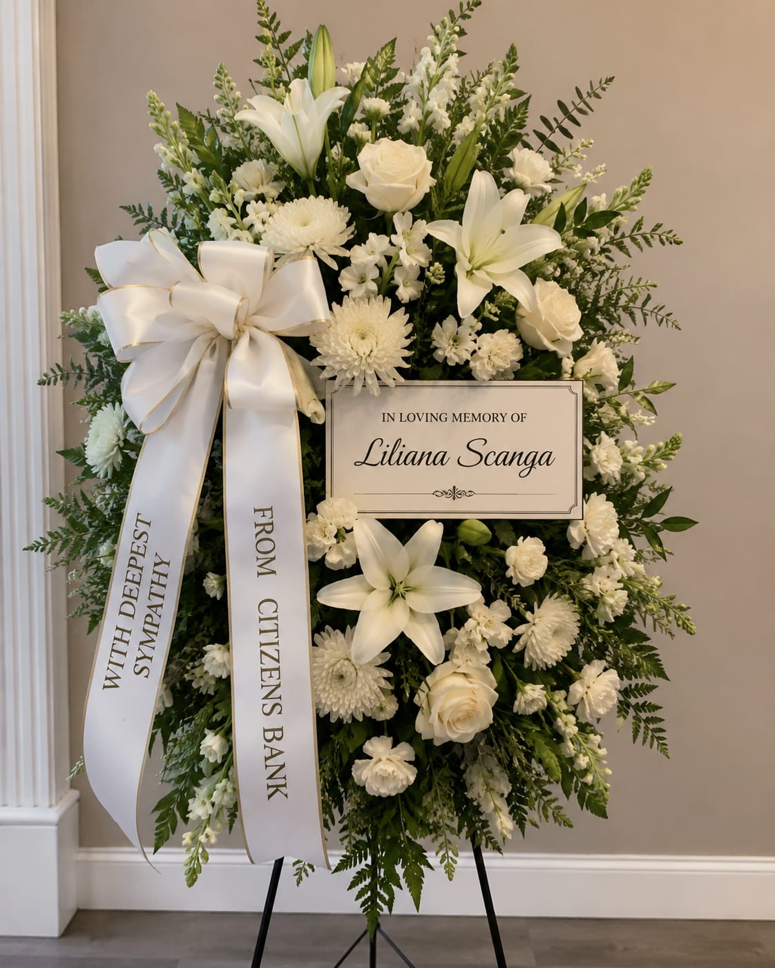 Pure Grace White Standing Tribute - Elegant, peaceful, and timeless, the Pure Grace White Standing Tribute is designed to express heartfelt sympathy and honor cherished memories. Featuring pristine white lilies, roses, chrysanthemums, carnations, and lush greenery, this arrangement brings comfort and serenity to any memorial service. Accented with a soft satin ribbon, this classic standing spray serves as a beautiful expression of love and remembrance.