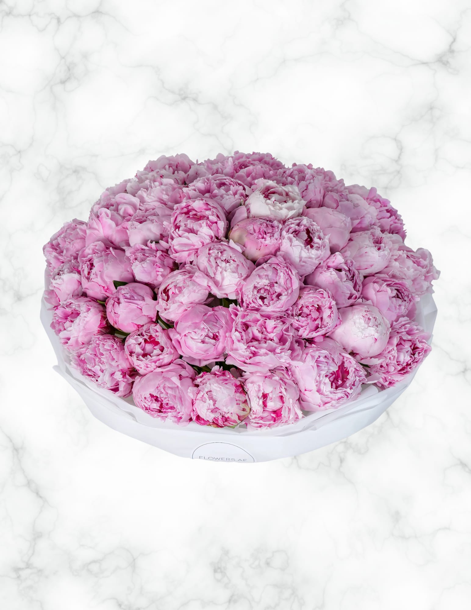 Large bouquet of pink peonies wrapped in white paper