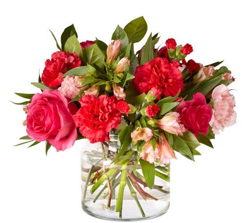 You're Precious Bouquet - Brighten up your home with this gorgeous bouquet. A handcrafted blend of roses, carnations, and more set in a clear glass cylinder vase creates a gorgeous array of intense pink and red blooms.
