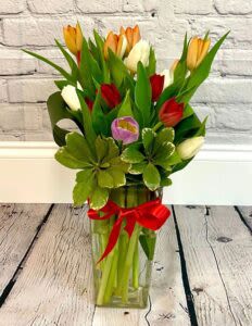 Rainbow Tulips Flower -  Pet Friendly? No. - Tulips are toxic to cats and dogs.  Keep out of reach and avoid homes with curious pets .   Human Allergy Note : No major allergy-triggering flowers noted.   Care &amp; Longevity : Trim stems at an angle and place in a clean vase with fresh, cool water. Change water every 1–2 days and keep away from direct sun, heat, or vents. Remove fading stems promptly to help remaining tulips last longer.   Best Occasions &amp; Situations : - Birthday cheer - Congratulations - Spring celebrations - Home refresh - Thinking of you - Welcome baby - Desk or office décor   Why Customers Love It : - Vibrant rainbow color mix - Clean, classic silhouette - Gift-ready presentation - Easy to place in any room - Fresh, seasonal feel