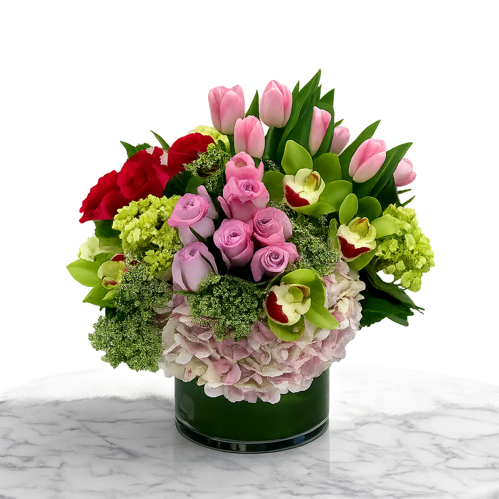 The Blooming Tulips. - beautiful bright bouquet in a crystal cylinder vase with green, pink hydrangeas, hot pink and light purple roses, green luxury delicate cymbidium orchid flowers and beautiful tulips to ensure a beautiful touch of nature to look at.