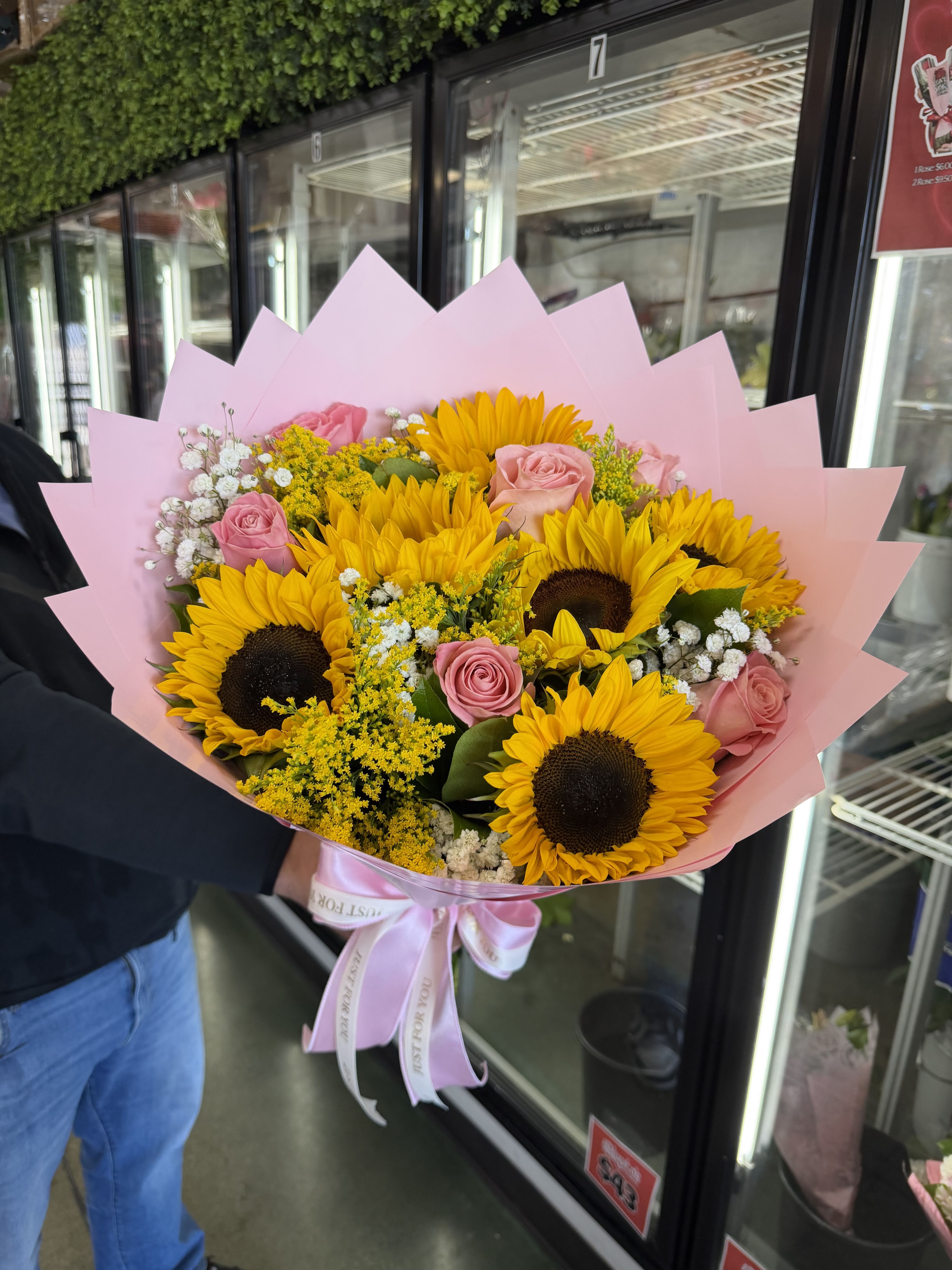 Rose and Sunflower Bouquet - You can ask for change in colors during checkout. Standard=6 Roses&amp;6 Sunflowers//. Deluxe = 12 Roses &amp; 6 Sunflowers//.