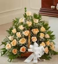 Classic Pink Rose Basket - A timeless and elegant all-rose floral basket featuring a beautiful selection of fresh roses accented with delicate baby’s breath. Finished with a white ribbon bow, this classic design is perfect for sympathy, remembrance, or thoughtful gifting, offering a graceful and heartfelt expression of love and care.