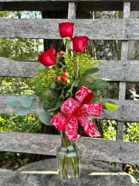 Festive Red Rose Bud Vase - A charming XL bud vase arrangement featuring three elegant red roses, beautifully accented with solidago, asters, and red berries for added texture and seasonal color. Finished with a decorative seasonal bow, this simple yet eye-catching design creates a warm and festive presentation.  Perfect for holiday gifting, desk décor, or small spaces, this arrangement offers a classic touch of beauty with rich color and seasonal charm.