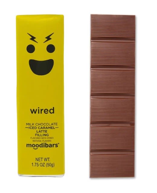 Yellow chocolate bar wrapper beside a segmented milk chocolate bar