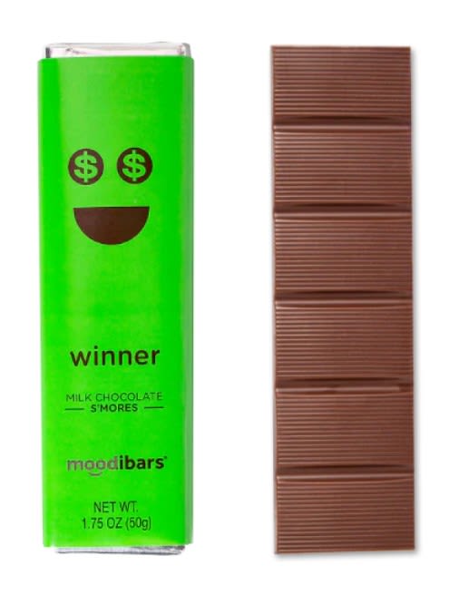 Green chocolate bar wrapper beside a segmented milk chocolate bar