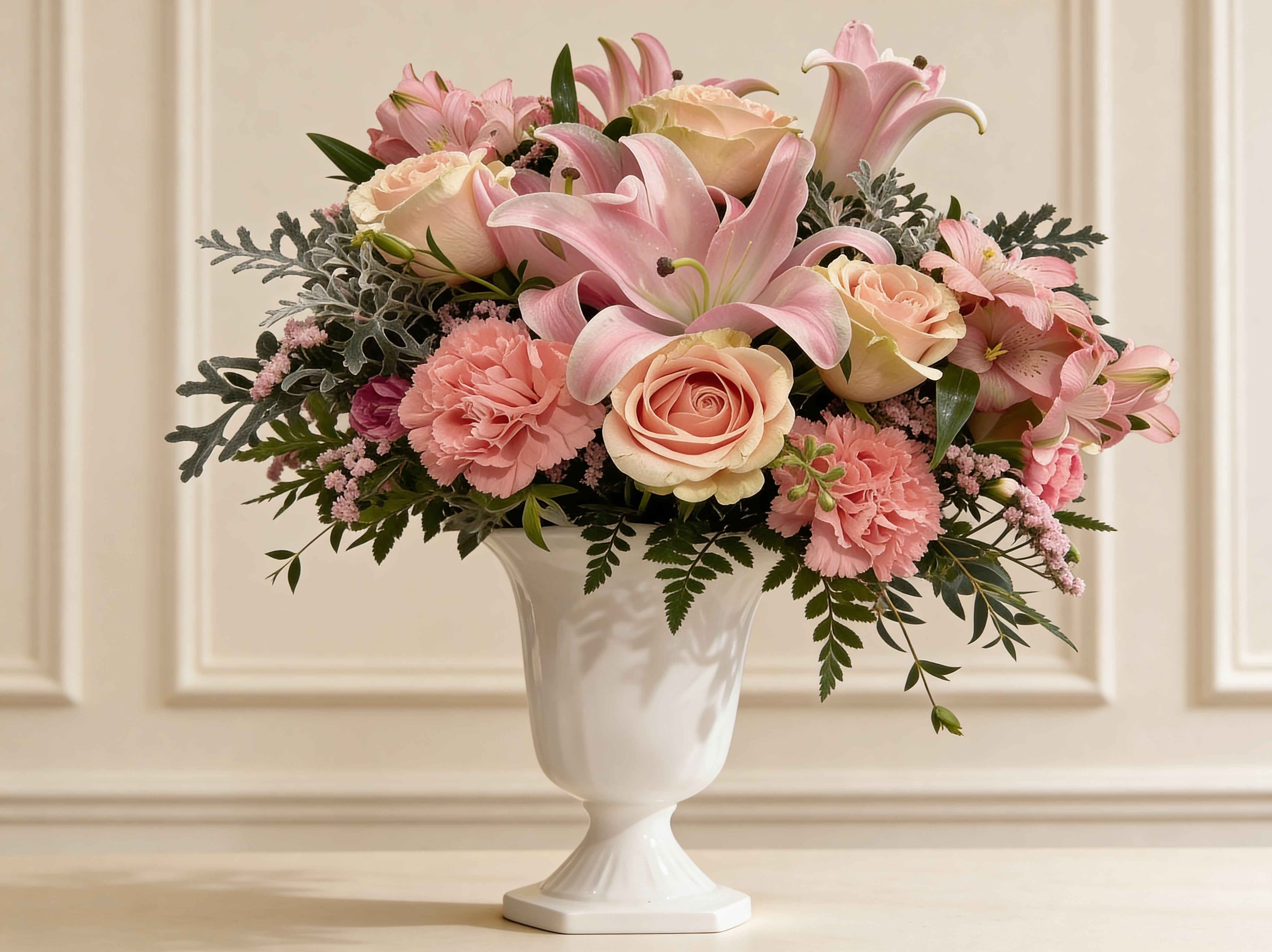 Pink lilies, roses, and carnations arranged in a white pedestal vase