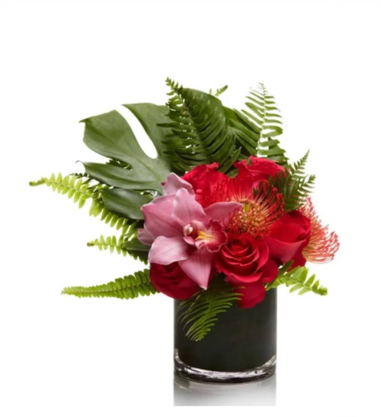 Persian inspired Design with Red or pink roses mixed with tropical florals - Roses mixed with tropical florals exotic foliage and ferns