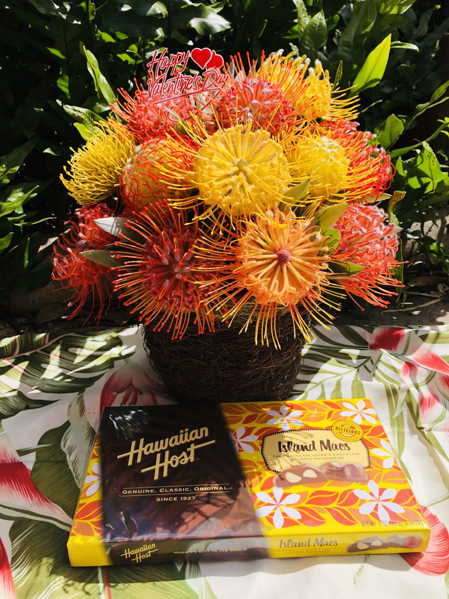 Pincushion Paradise **National Shipping** - This arrangement is only available two day shipping  FedEx    Enjoy our Sunset Paradise Basket to include a variety of pincushions that reflect all the colors of Maui’s magical sunsets.  Arrives as shown and arranged in a natural basket. Hawaiian Host Island Macs INCLUDED! Shipping Included  Read about our delivery schedule