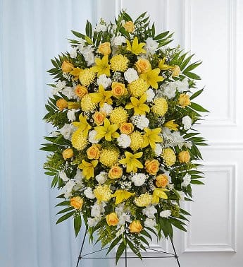  Heavenly spray of yellow roses and yellow pincushions  Easel - This lovely array of pincushions and yellow color palette roses displayed on a easel 