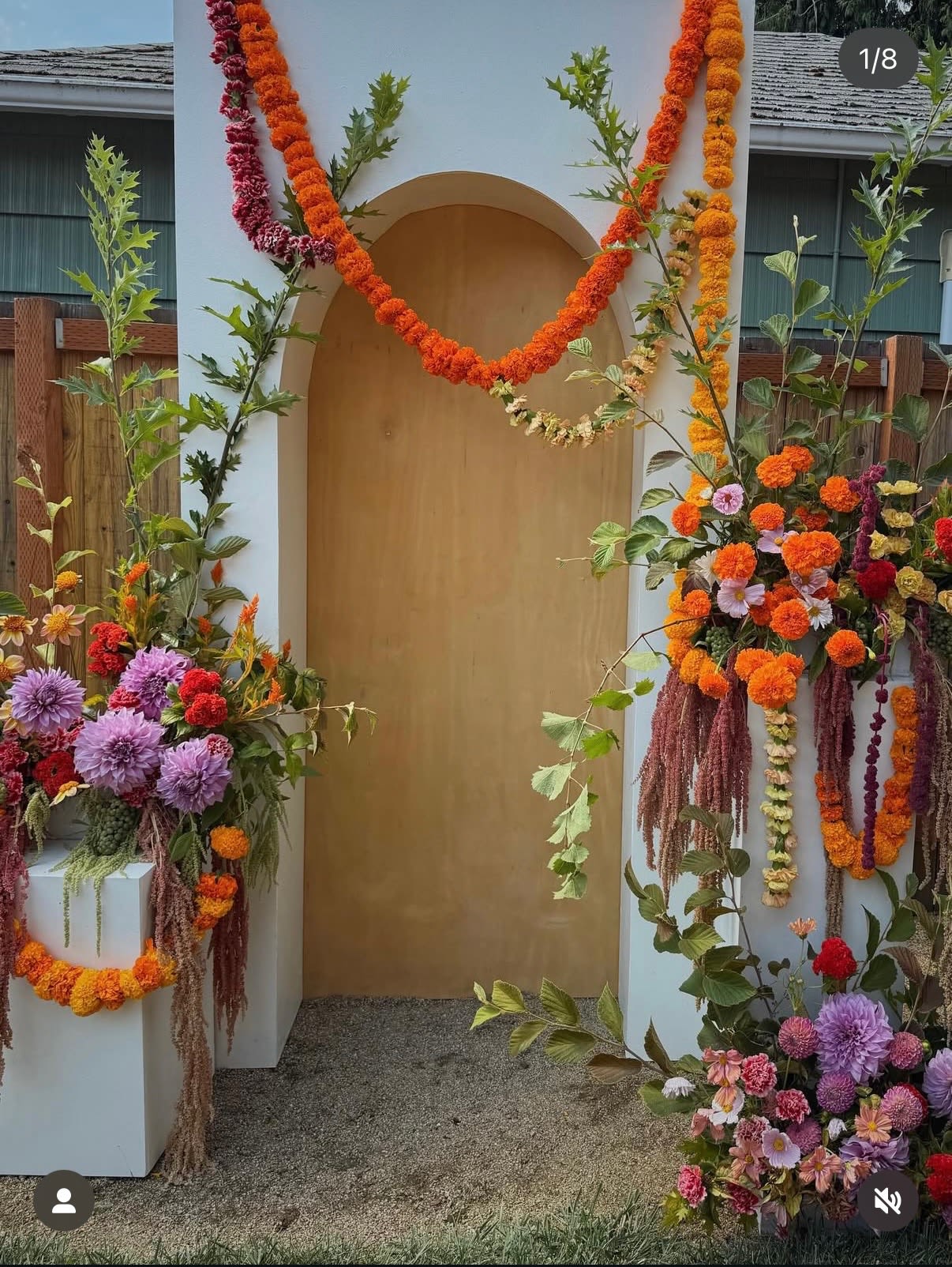 Glory of India  Sunkissed blooms  3000  of $4150 - This glorious Bloomfield package Will greet your Guests with a array of color,  five large fresh Banana  plants and silk blooms in your preferred color palette this package showcases a ground arch on stage  made out of 20 medium sized tropical spray  arrangements    Breakdown of package includes  .22 floral arrangements, medium size, tropical, and cottage flower blooms    . 10 orange marigold  Garland  Decorated in trees  in loop style      .$ 500 Fee for delivery  &amp;  breakdown,  .   $150 fee for pedal cleanup.  Ground arch, florals decor Banana plants  and materials is $3500     . Total cost $4150     . Amount due upfront $3000   Amount due Day before or day of the event $1150      