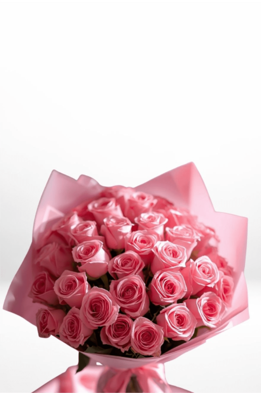 Bouquet of pink roses wrapped in pink paper
