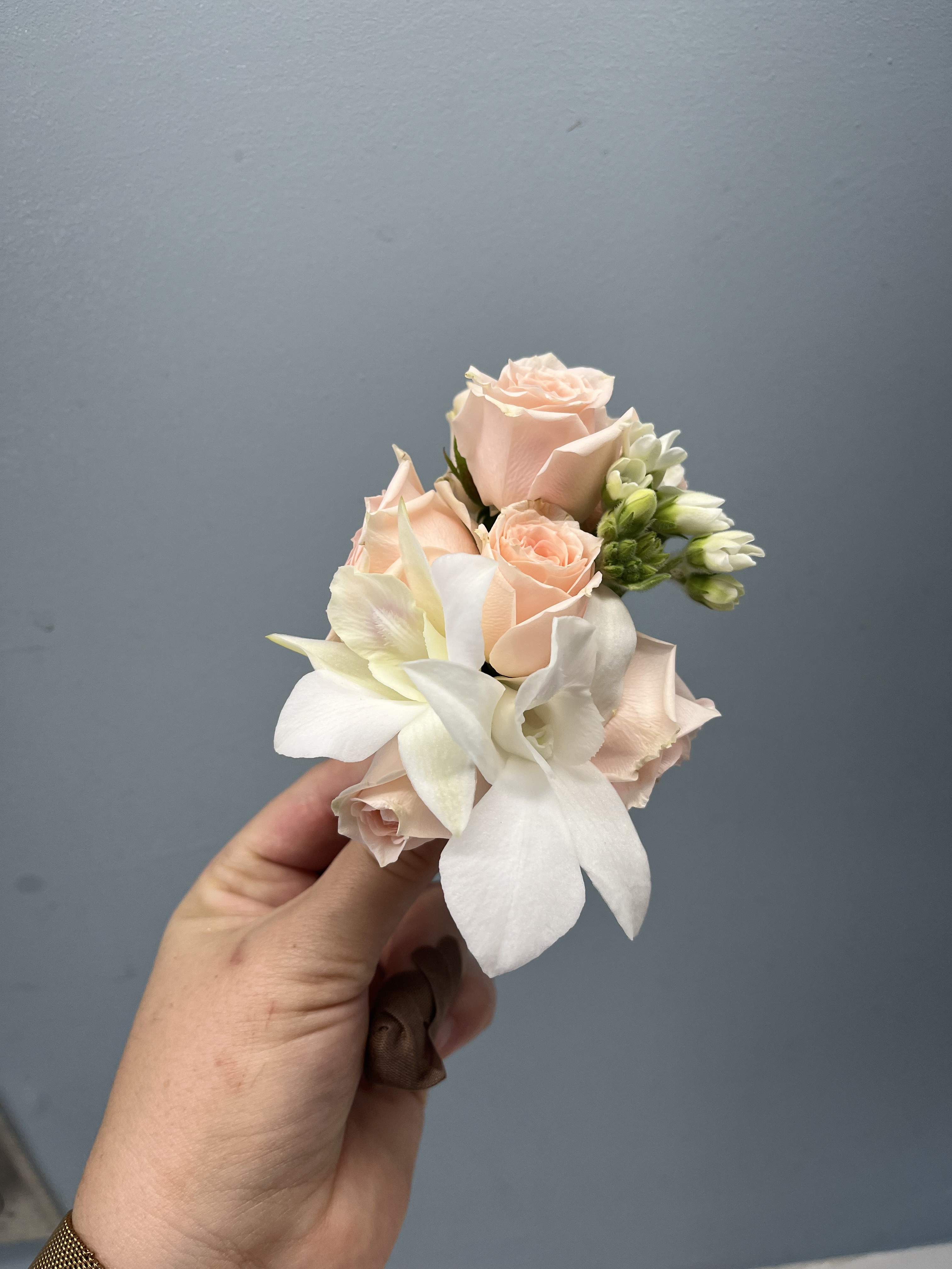 blush orchid corsage - blush spray roses and white orchids