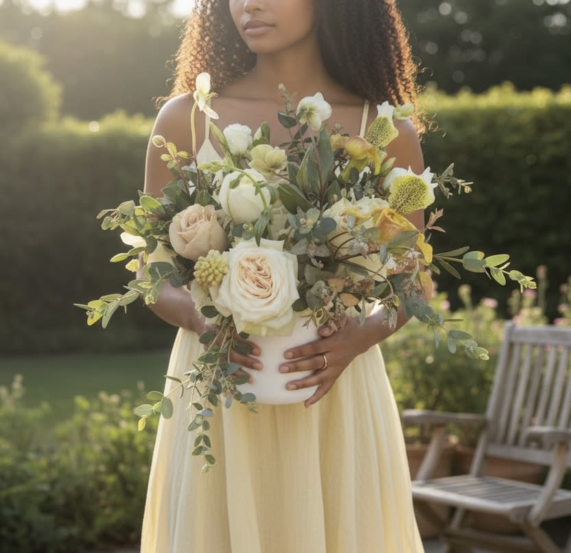 Woman in a yellow dress holding a cream and peach rose arrangement in a white vase outdoors