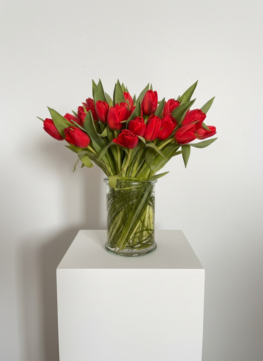 Tulipan - A dense cluster of red tulips gathered into a clear glass vase creates an immediate, romantic statement - perfect as a birthday bouquet, anniversary roses alternative, or a spring centerpiece for the person you're thinking of. The upright, full silhouette and vivid red-and-green contrast read as classic and celebratory; this is the kind of arrangement that makes someone feel seen and cherished the moment it arrives.  The bouquet is composed entirely of red tulips with long green leaves, tightly grouped so the blooms fan outward above a simple cylindrical clear glass vase. The clean lines and compact shape give a fresh, modern look while the rich red petals and bright foliage deliver lively seasonal color. Dimensions and exact stem counts vary by size selection; the arrangement arrives ready to display in the included glass vase.  Ideal for romantic occasions, seasonal spring decor, or everyday gifting, these tulips convey warmth and affection without fuss. For best results, place in a cool spot away from direct sunlight and change the water every other day to keep the blooms perky; available in multiple sizes to suit a small surprise or a grand gesture.