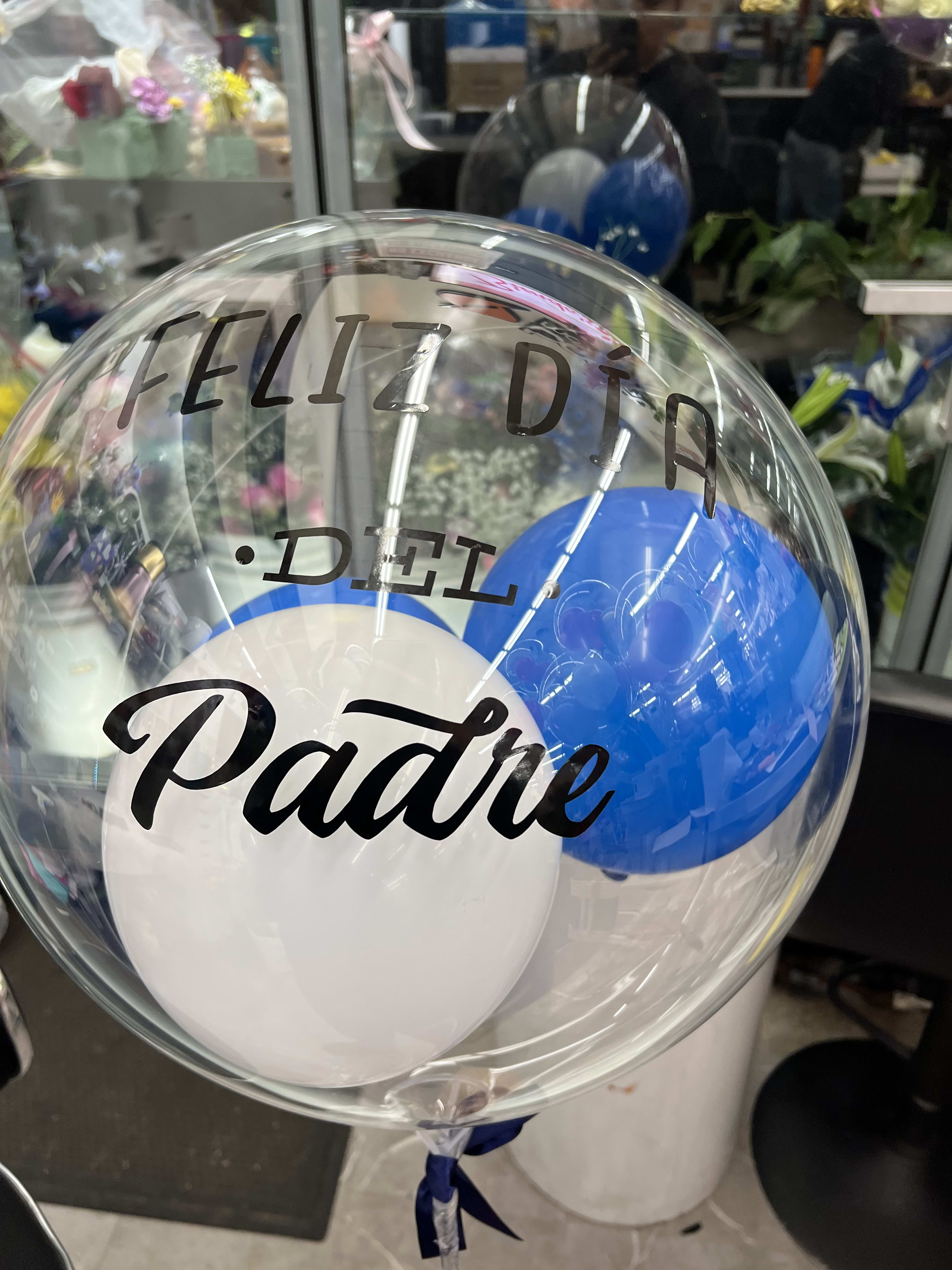 Happy Farhers day balloon  - Bobo balloon  can you let us know in the notes section , what color do you want the balloons inside . We have blue and white . Just blue tones , red and gold , red and black . Or red and white . Or juts red . Also let me know if you want it in English or Spanish . 