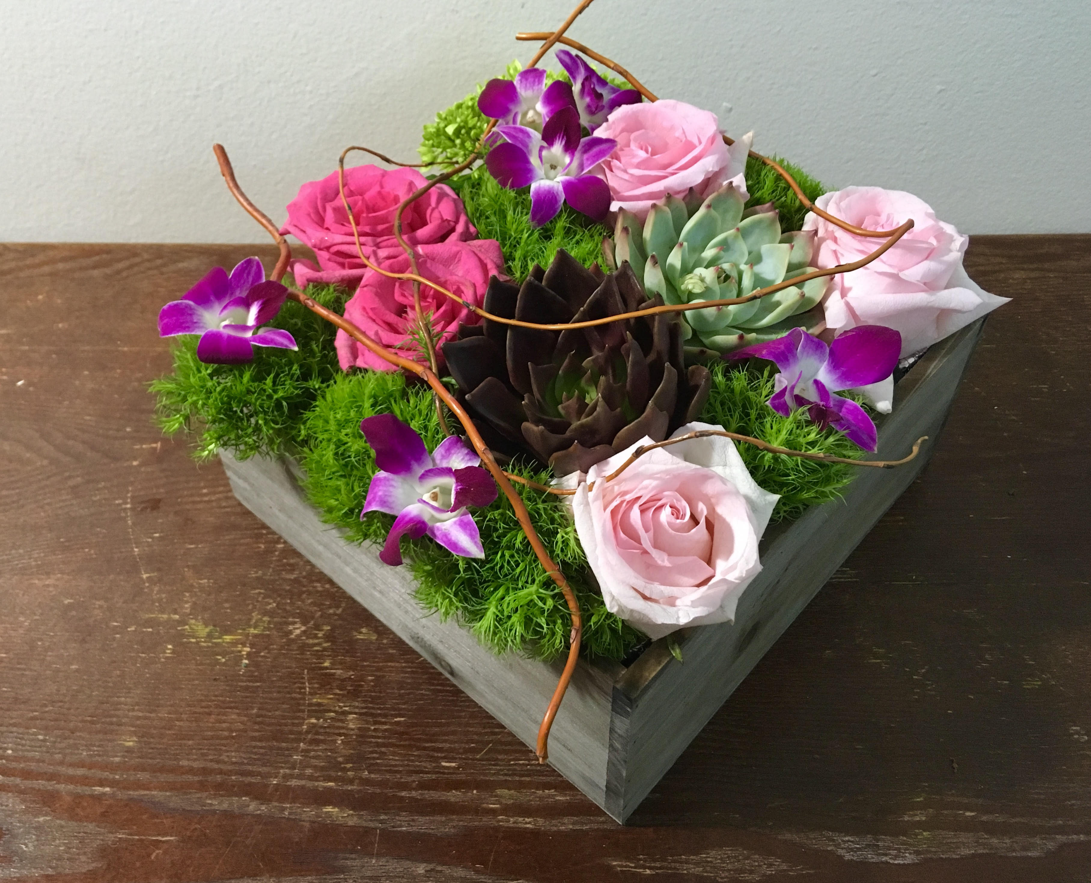  Wonderbox  - Succulents , Roses , Dianthus , Orchid blooms in 10" square handmade wood box  promo code is art2019)