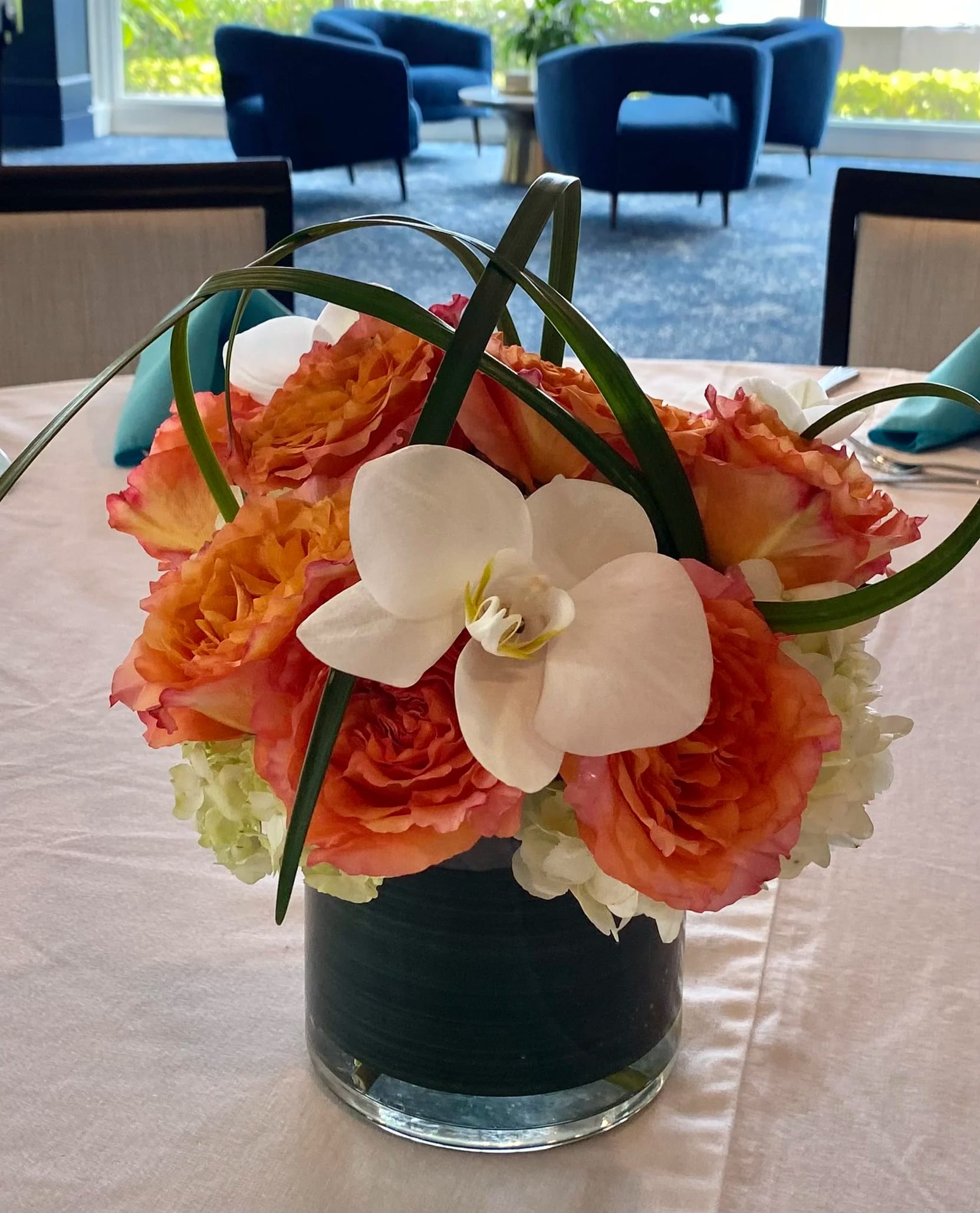 Beautiful Day  - Roses, Hydrangeas, Orchid blooms in glass vase 