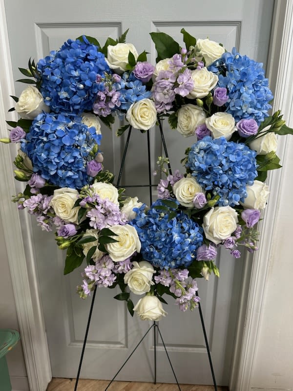 Standing Spray Heart - Heart Contains Assorted Hydrangea , White Roses , Lavender Stock,  Fancy Greens