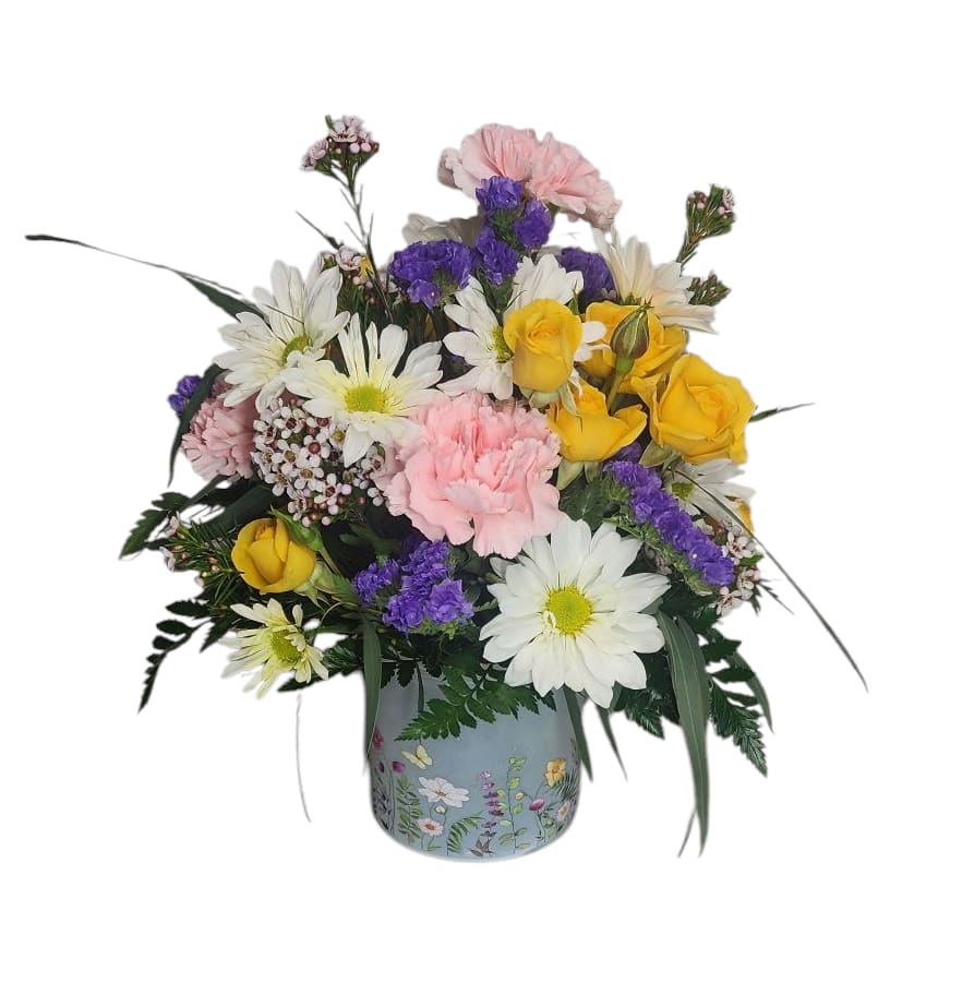 Mixed bouquet of yellow roses, white daisies, pink carnations, and purple filler in a floral vase
