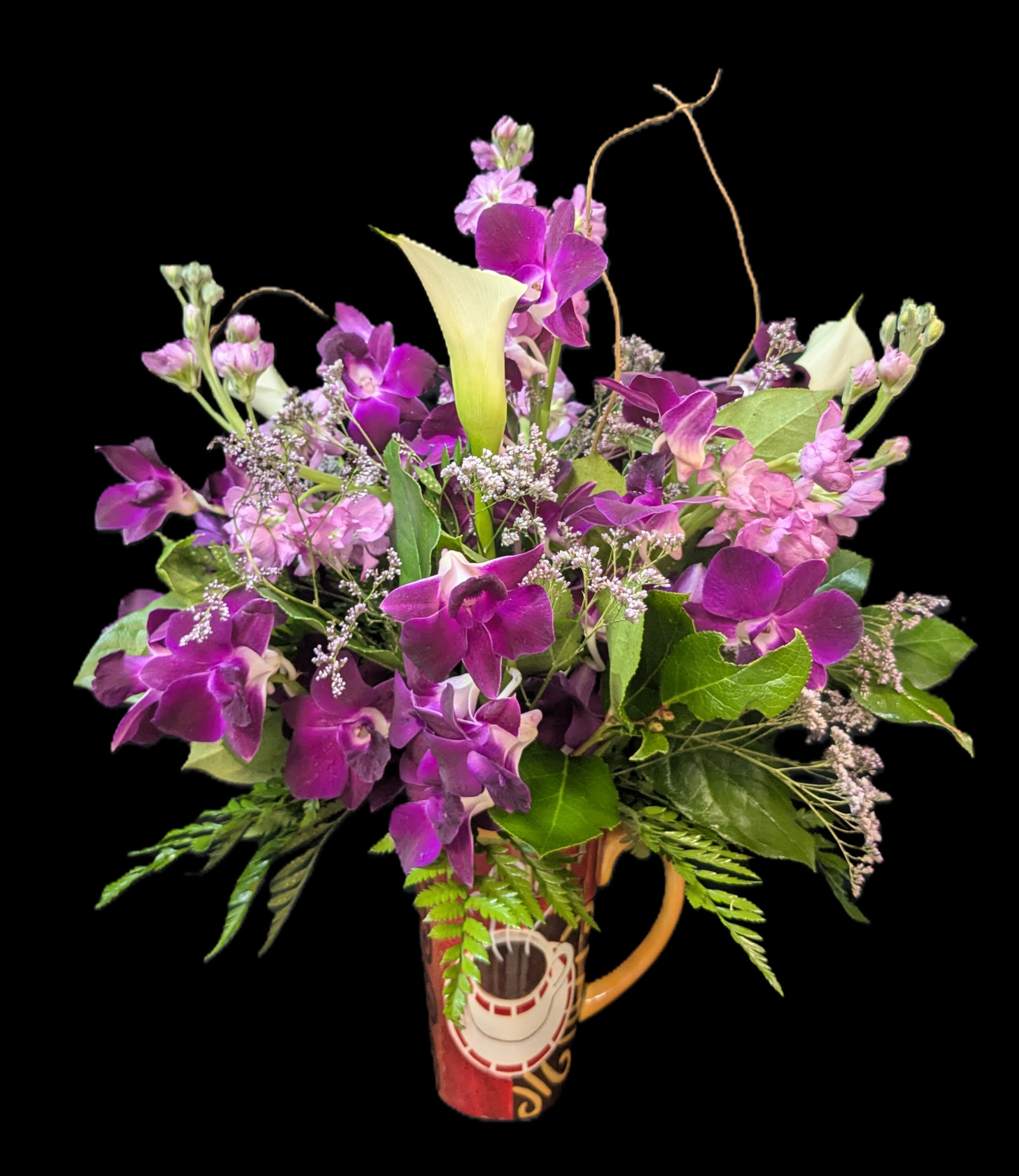 Coffee and Callas - Beautiful orchids and mini callas in a keepsake mug.