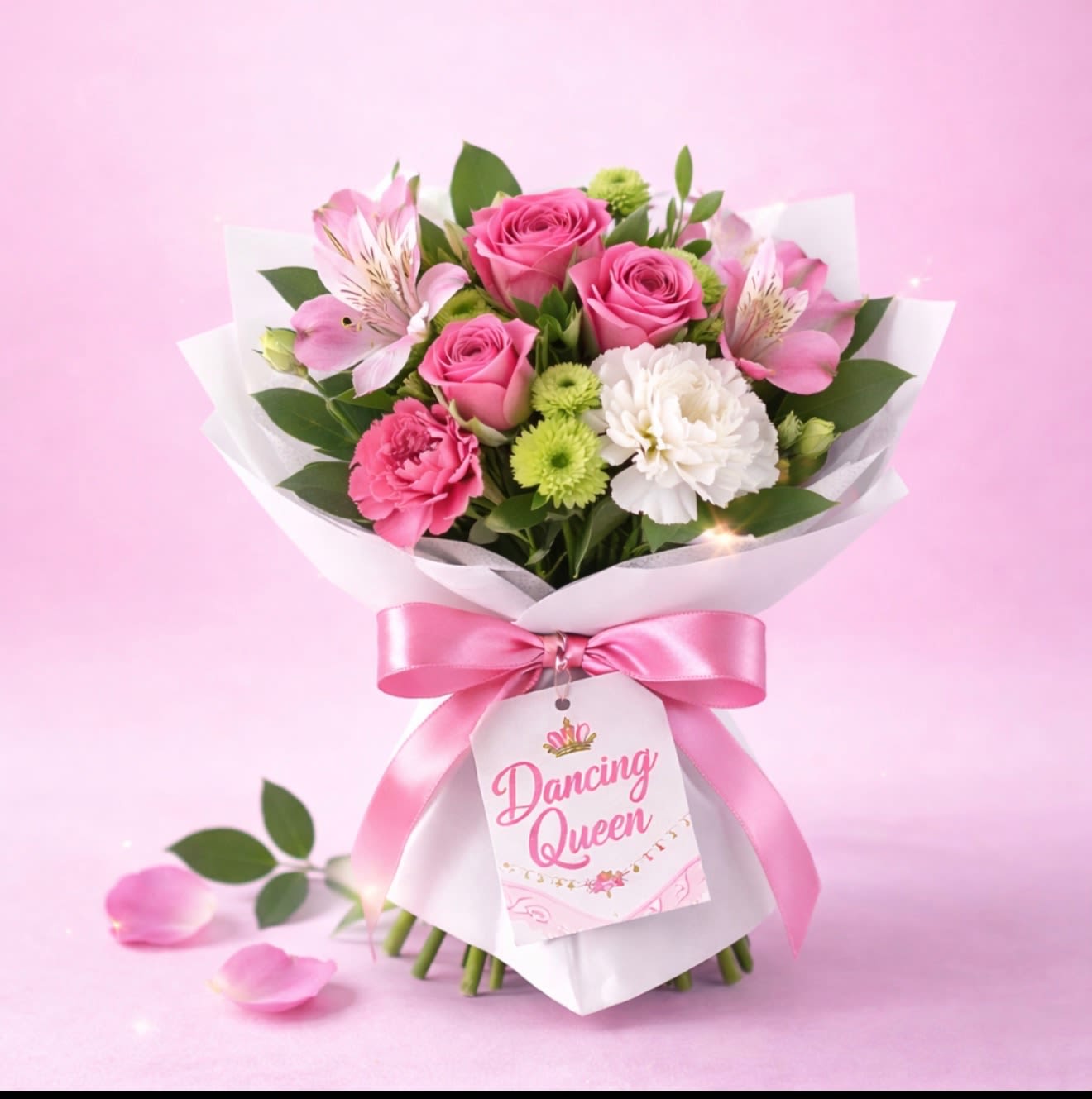 Pink rose bouquet with carnations and white blooms wrapped in white paper