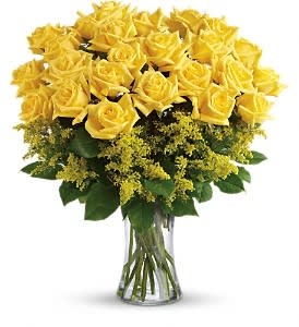 2 Dozen Yellow Roses - Bright arrangement of yellow roses in a glass vase.
