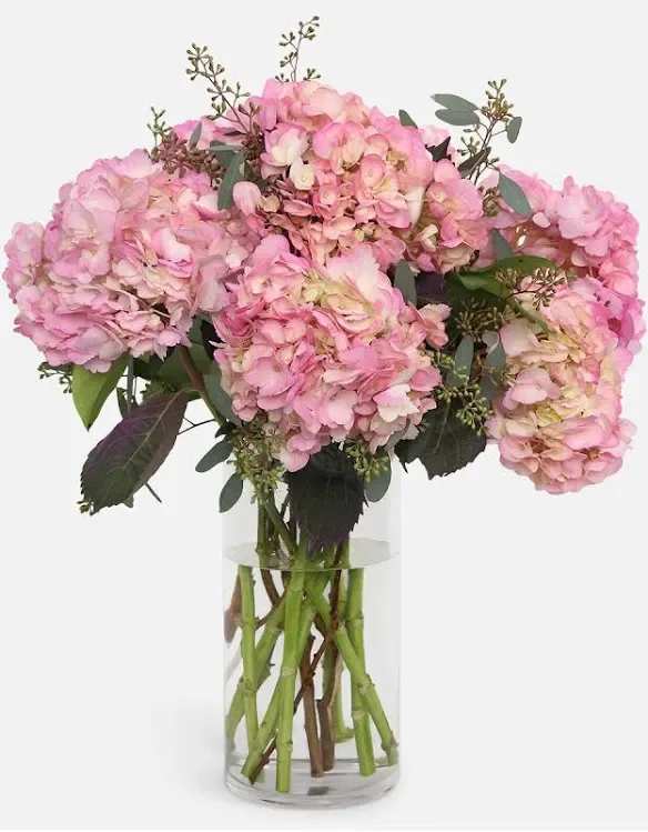 Pink hydrangea bouquet in a clear glass vase