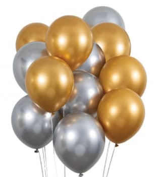 Ocean Lakes H.S. Balloon Bouquet - 12- 12in gold and silver latex balloons tied to color coordinated festive weight. Add a mylar balloon, stuffed animal, or any accessories.