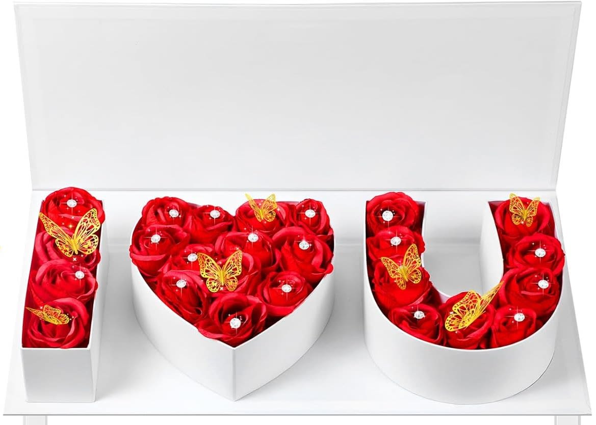 Red rose gift boxes arranged to spell I love you