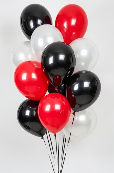 Salem H.S. Balloon Bouquet - 12- 12in scarlet, black, white, and silver latex balloon tied to a color coordinated festive weight. Add a mylar balloon, stuffed animal, or any accessory.