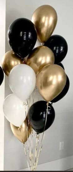 Kellam H.S. Balloon Bouquet - 12- 12in black, gold, and silver latex balloons tied to a color coordinated festive weight. Add a mylar balloon, stuffed animal, or any accessory.