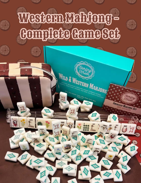 Wild West Mahjong Set - Everything you need to bring the Wild West to game night.  This all-in-one bundle pairs our custom Western Mahjong tile set with the essentials to play in style. Inspired by turquoise conchos, cattle brands, cattails, windmills, and wildflowers, every detail captures the spirit of the West — now with all the extras to match.  This complete set includes:   * 160 custom Western Mahjong tiles + two dice   * Wild West Mahjong mat   * Wild West Tile bag   * 4 clear acrylic racks with pushers  Perfect for hosting, gifting, or upgrading your game table with a full Western setup. 