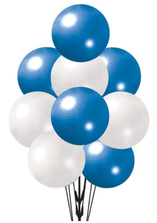 Norview H.S. Balloon Bouquet - 12- 12in white and royal blue latex balloons all tied to a color coordinated festive weight. Add a mylar balloon, stuffed animal, or any accessory to your order.
