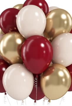 Booker T. Washington H.S. Balloon Bouquet - 12- 12in white, gold, and maroon latex balloons all ties to a color coordinated festive weight. Add a mylar balloon, stuffed animal, or any accessory to your order.