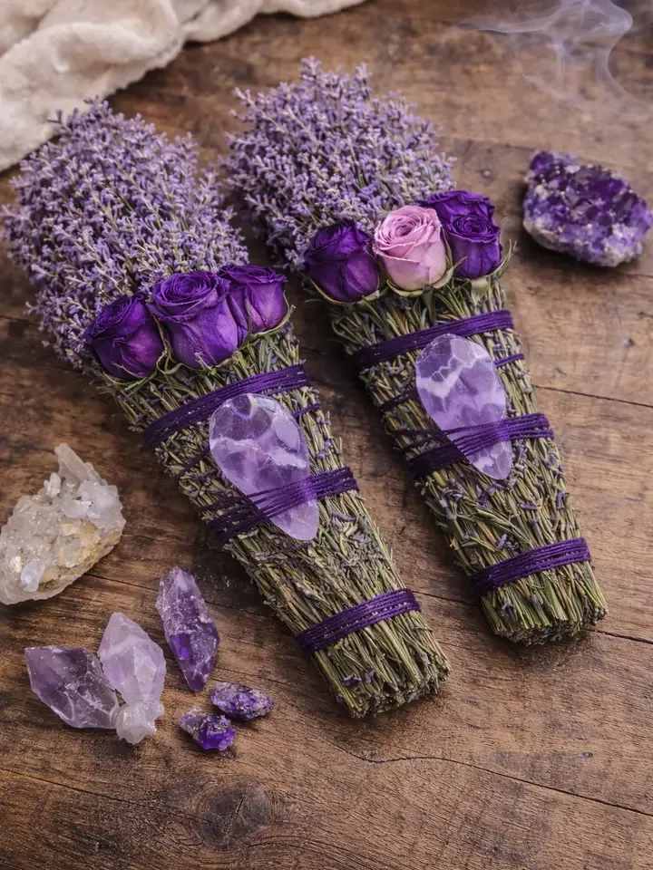 Amethyst Sage Rosemary Smudge Stick - Hand-tied dried lavender and purple roses give this floral arrangement an instant sense of calm and quiet ritual - perfect as a birthday gift, a sympathy offering, or a thoughtful "thinking of you" present. Designed as an Amethyst Sage Rosemary smudge-style bundle, it reads as both romantic and grounding: the purple and lavender hues paired with a single pale pink rose create a gentle, intimate palette that feels made for someone who treasures quiet moments.  Each set includes two small bundled pieces of dried lavender and roses, wrapped tightly with purple cord and finished with natural twine for a handcrafted touch. Clear and purple crystal stones nestle with the bundles, adding an amethyst-inspired sparkle and a decorative, mystical accent ideal for home display, altar spaces, or tabletop decor. The compact size makes these easy to place on a mantle, bedside table, or in a small vase - they're styled to be gifted as-is or used as part of a calming ritual.  Give this to someone who loves earthy, romantic decor and sensory detail; the dried lavender keeps its scent longer than fresh blooms, offering an enduring reminder of your thoughtfulness. Because these are preserved bundles rather than fresh-cut stems, they require no water - simply keep them out of direct sunlight to preserve color and texture, and handle gently to avoid loosening the twine or crystals.