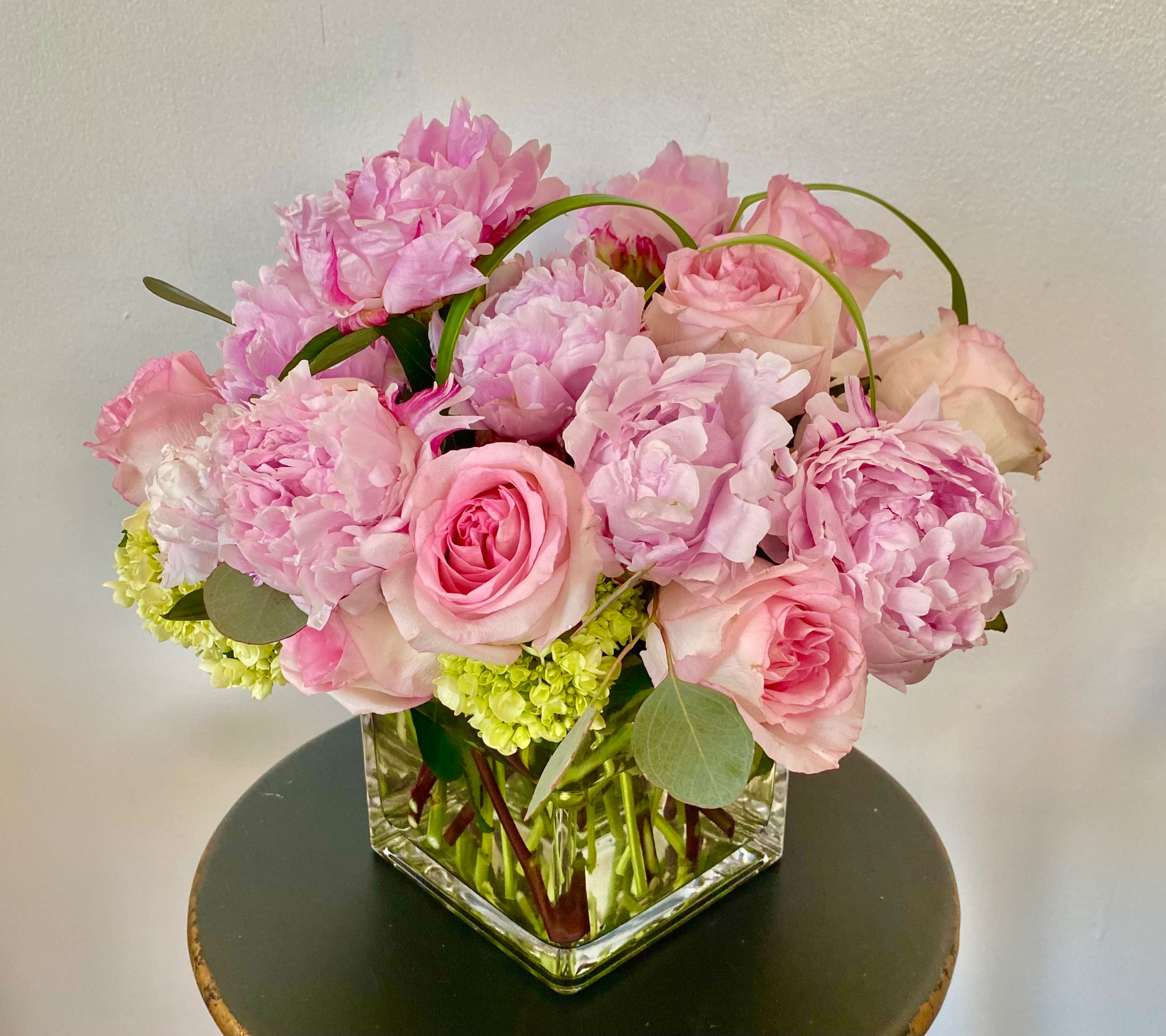 Peonies and Roses  - Peonies and Roses in square glass vase 