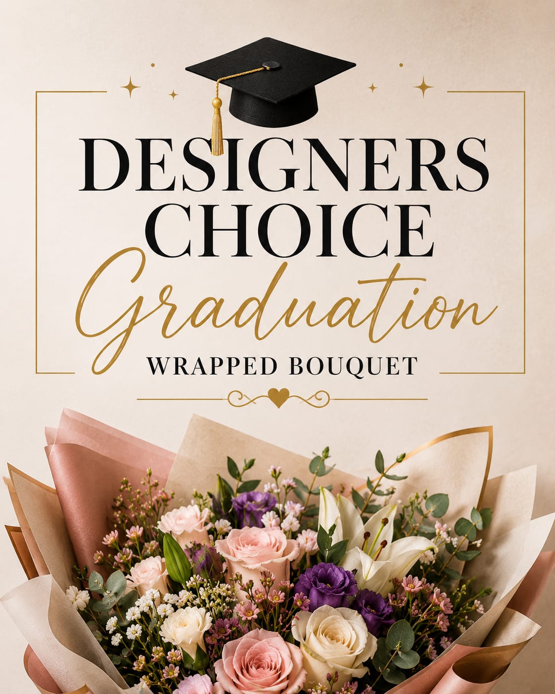 Graduation wrapped bouquets  - Our florists will handcraft a beautiful graduation bouquet using the freshest seasonal flowers and the best color palette of the day. Wrapped with care, made to impress!