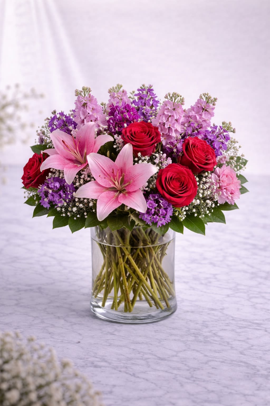 Velvet Petal Embrace - A striking and romantic arrangement featuring elegant pink lilies, velvety red roses, and soft lavender blooms, delicately accented with baby’s breath and fresh greenery. The rich reds paired with blush and purple tones create a bold yet graceful design that feels passionate, feminine, and timeless. Arranged in a clear glass vase, this bouquet makes a beautiful statement for anniversaries, romantic occasions, or heartfelt celebrations. Substitution Policy: Flower varieties may vary depending on seasonal availability, but the red, blush pink, and soft purple color palette will always remain consistent. Any substitutions will be carefully selected to preserve the overall style, fullness, and romantic feel of the arrangement.