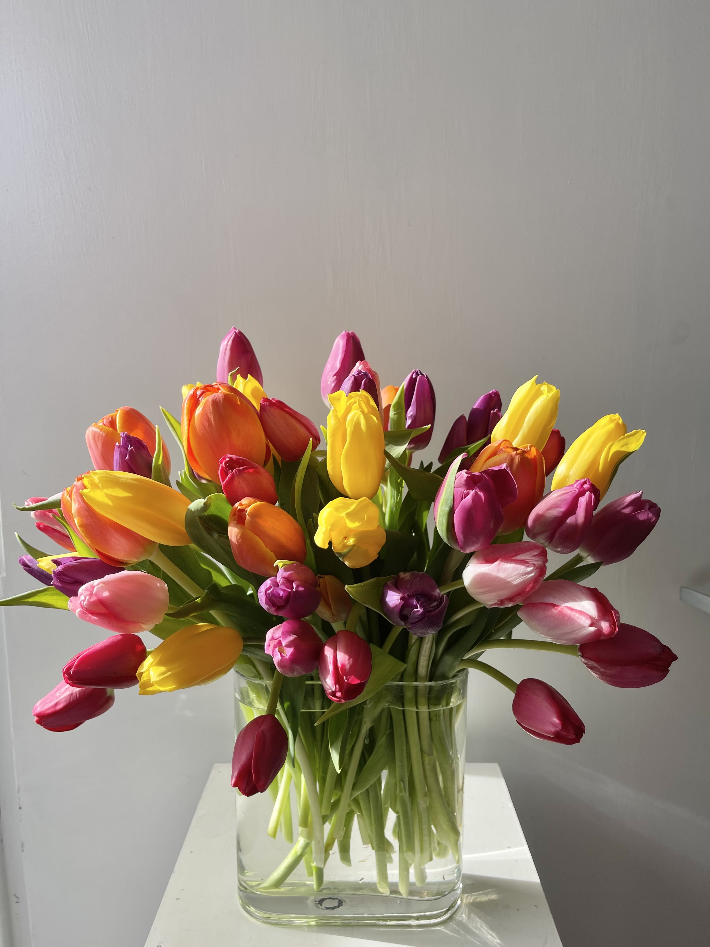 Colorful tulips arranged in a clear glass vase
