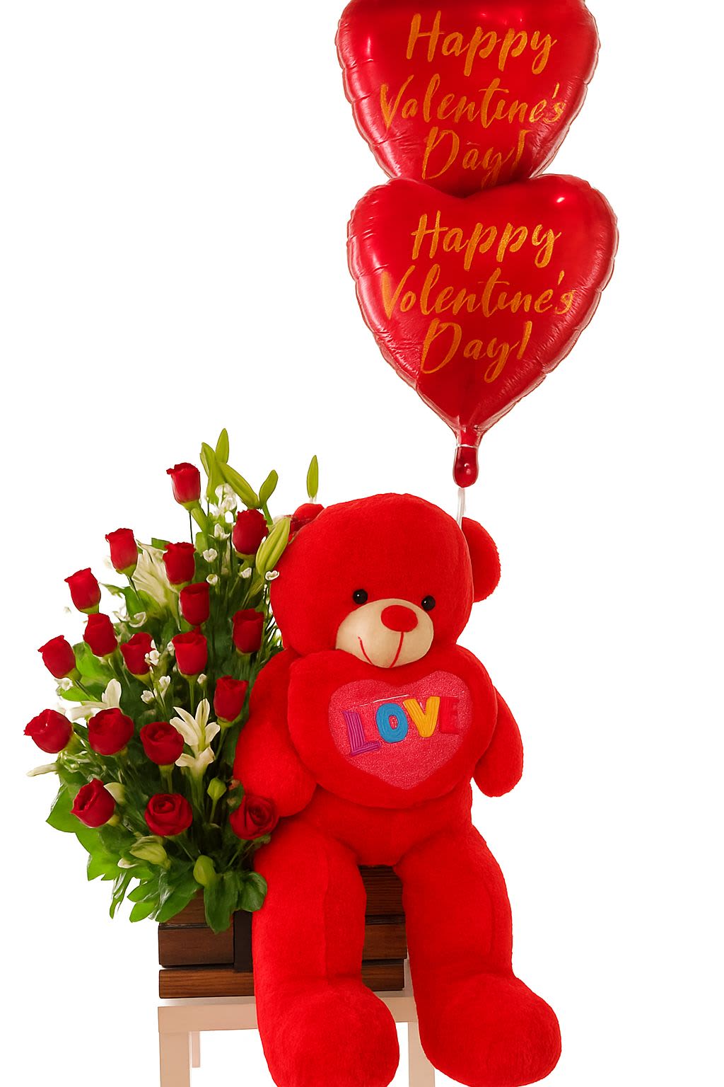 Red teddy bear with heart balloons and a bouquet of roses