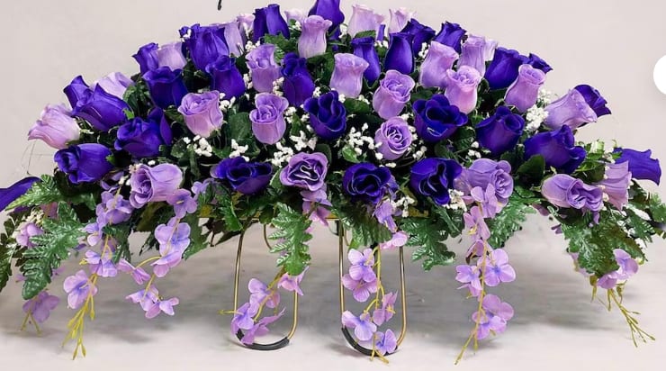 Lavendar and Purple Headstone Saddle - Lavender Wisteria and Roses Cemetery Flowers, Headstone Saddle Arrangement