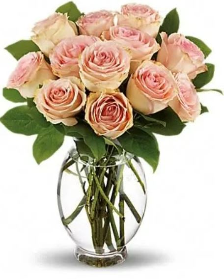 Delicate Dozen - As soft and delicate as the first blush of love, this rose bouquet carries a lot of romance. Gorgeous sweet pink roses arranged in a clear glass vase sends such a beautiful message of love, it just might leave you and your love blushing. 