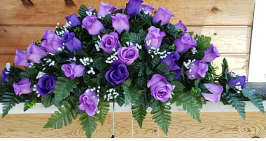 Purple and Lavendar Rose Headstone Saddle - Custom lavendar and purple silk roses headstone saddle 