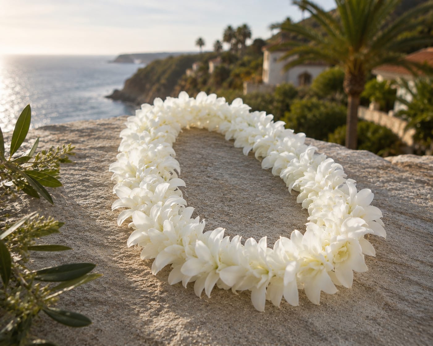 White Orchid Lei - ***PLEASE SPECIFY WHICH COLOR LEI YOU WANT IN THE SPECIAL INSTRUCTIONS*** . . . These orchid lei come in the color options of All White, All Purple, Half White + Purple, Half Purple + Green, Half white + green, and a Peachy Pink color. Pictures will be posted soon. The Lei's in the current phot are the ALL WHITE and the HALF WHITE+ PURPLE. 