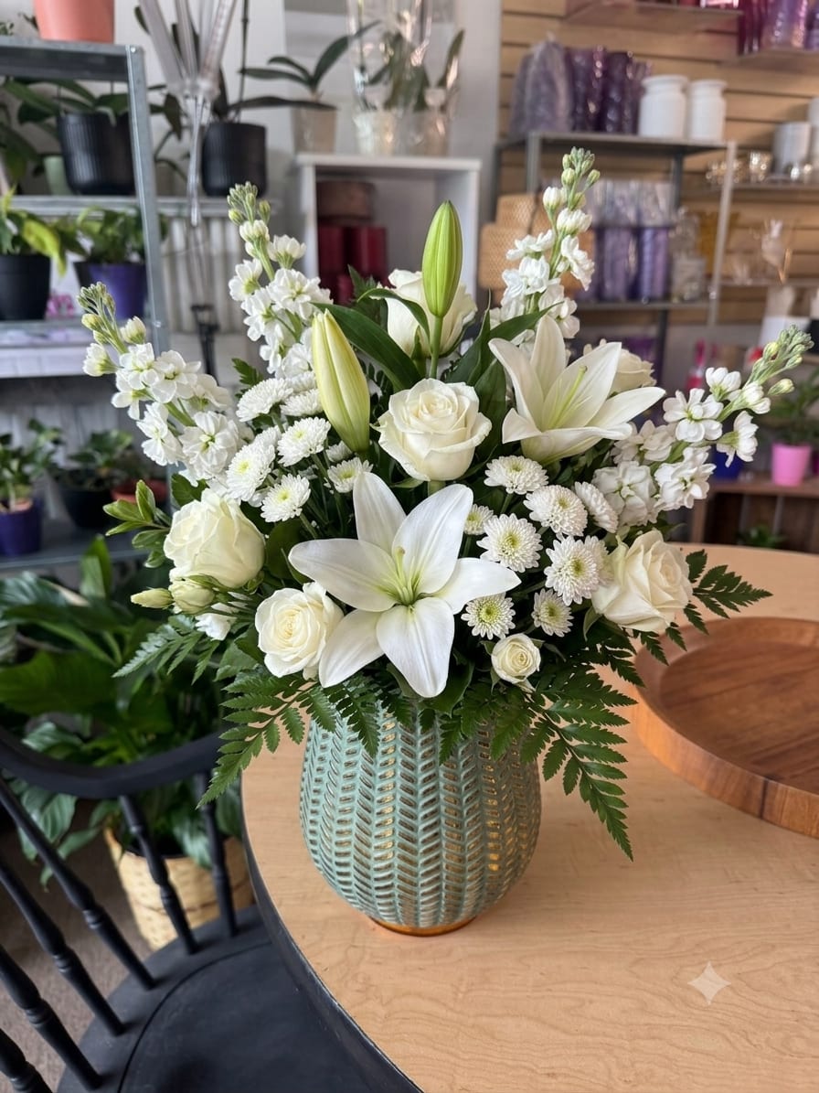 Ivory Garden - Ivory Garden greets the recipient with a serene cascade of white Asiatic lilies, roses, chrysanthemums and fragrant stock - a refined flower arrangement perfect for a sympathy tribute, wedding gift, or a thoughtful everyday bouquet. The predominately white palette with deep green foliage creates a calm, elegant presence that will make the person you're thinking of feel comforted and cared for.
