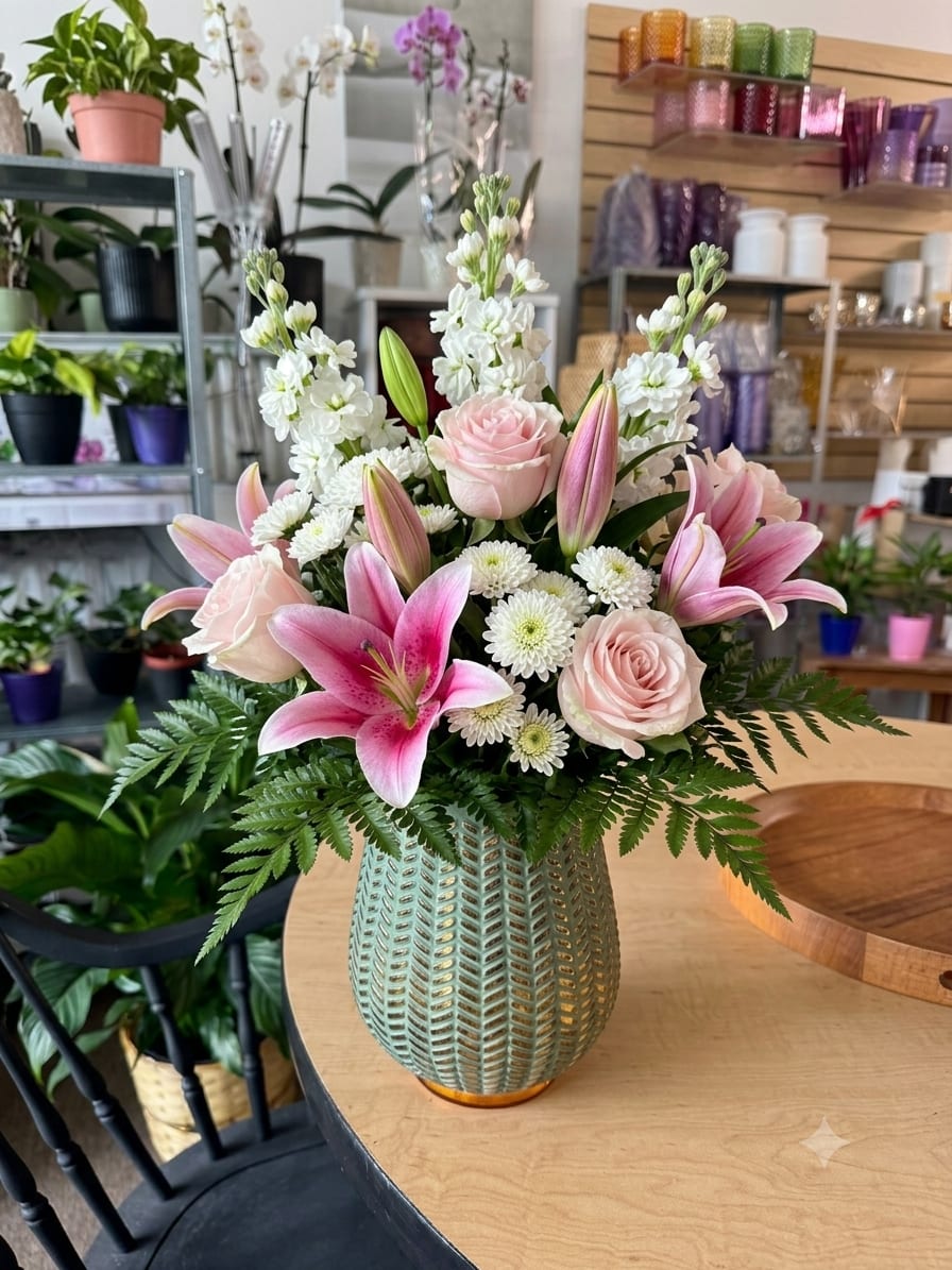 Blush and Bloom - Soft Romance greets the recipient with a fresh, romantic presence-perfect as a birthday bouquet, anniversary arrangement, or a thoughtful spring gift. Pink lilies and blush roses take center stage in this flower arrangement, creating an immediate sense of tenderness and celebration that will make the person you're thinking of feel truly cherished.