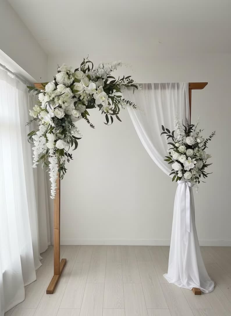 Elegant White Fabric Arch Decoration - Elegant White Fabric Arch Decoration Backdrop with Floral Accents - Wrinkle-Resistant, Classic Wedding 