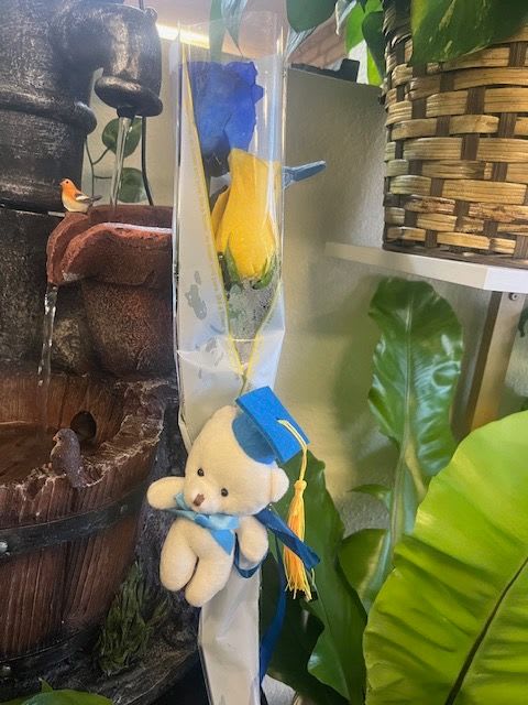Single graduation rose and bear  - blue and yellow rose with graduation plush 